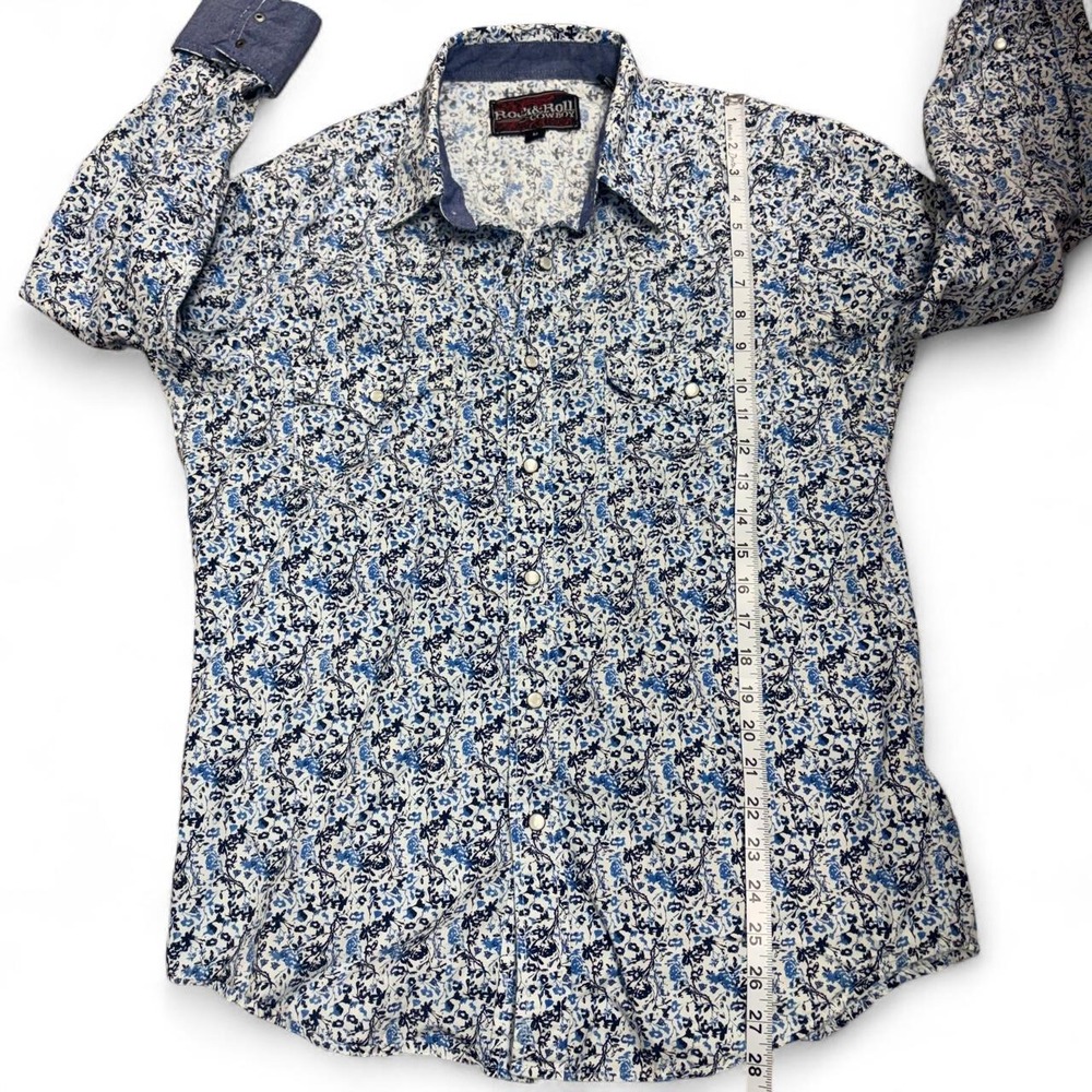 Rock & Roll Cowboy Blue White Floral Pearl Snap Western Shirt Mens Size M - Picture 5 of 5